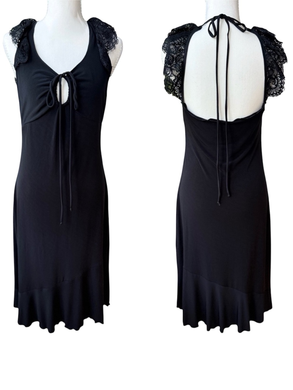Vintage 90’s Y2K Moda International Low Back Black Midi Dress with Lace Sz Small